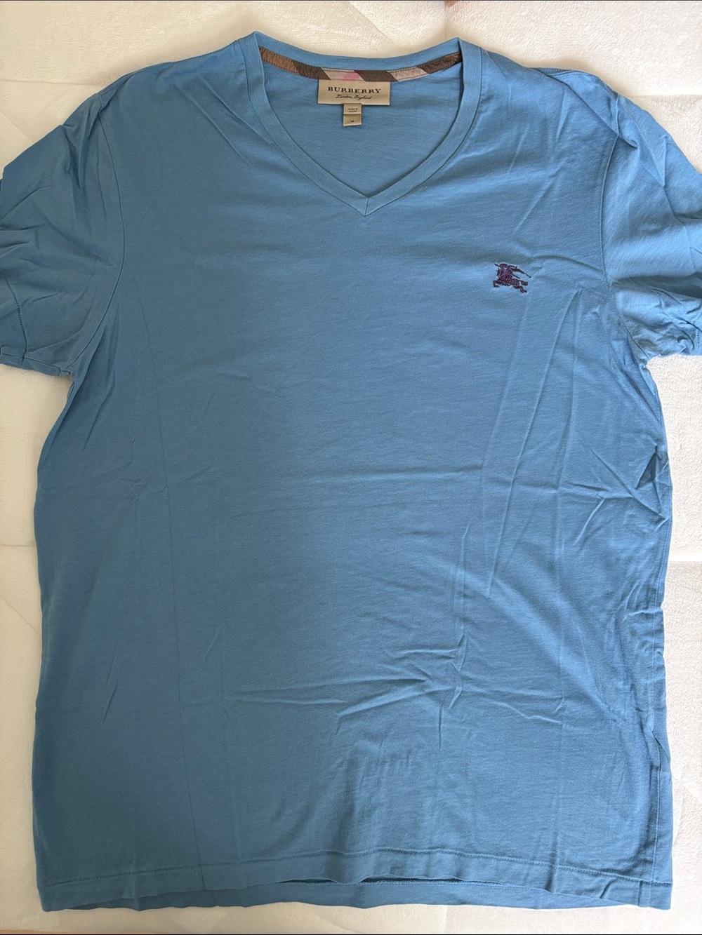 Burberry Light Blue V-Neck Tee with Small Maroon Logo